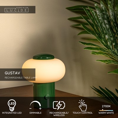Lucide GUSTAV - Rechargeable Table lamp - Battery pack - Ø 8 cm - LED Dim. - 1x0,8W 2700K - Green | Essential